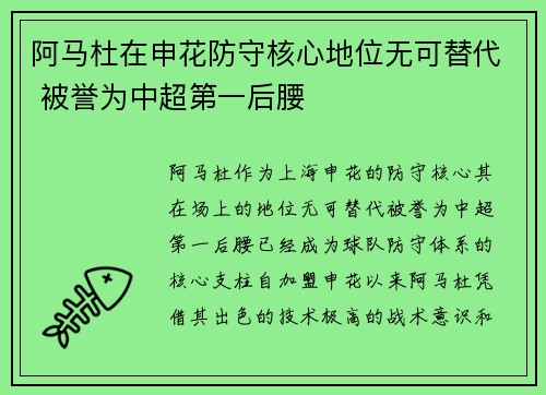 阿马杜在申花防守核心地位无可替代 被誉为中超第一后腰